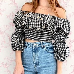 Brand New with Tags Zara Gingham and Floral Embroidered Off the Shoulder Top